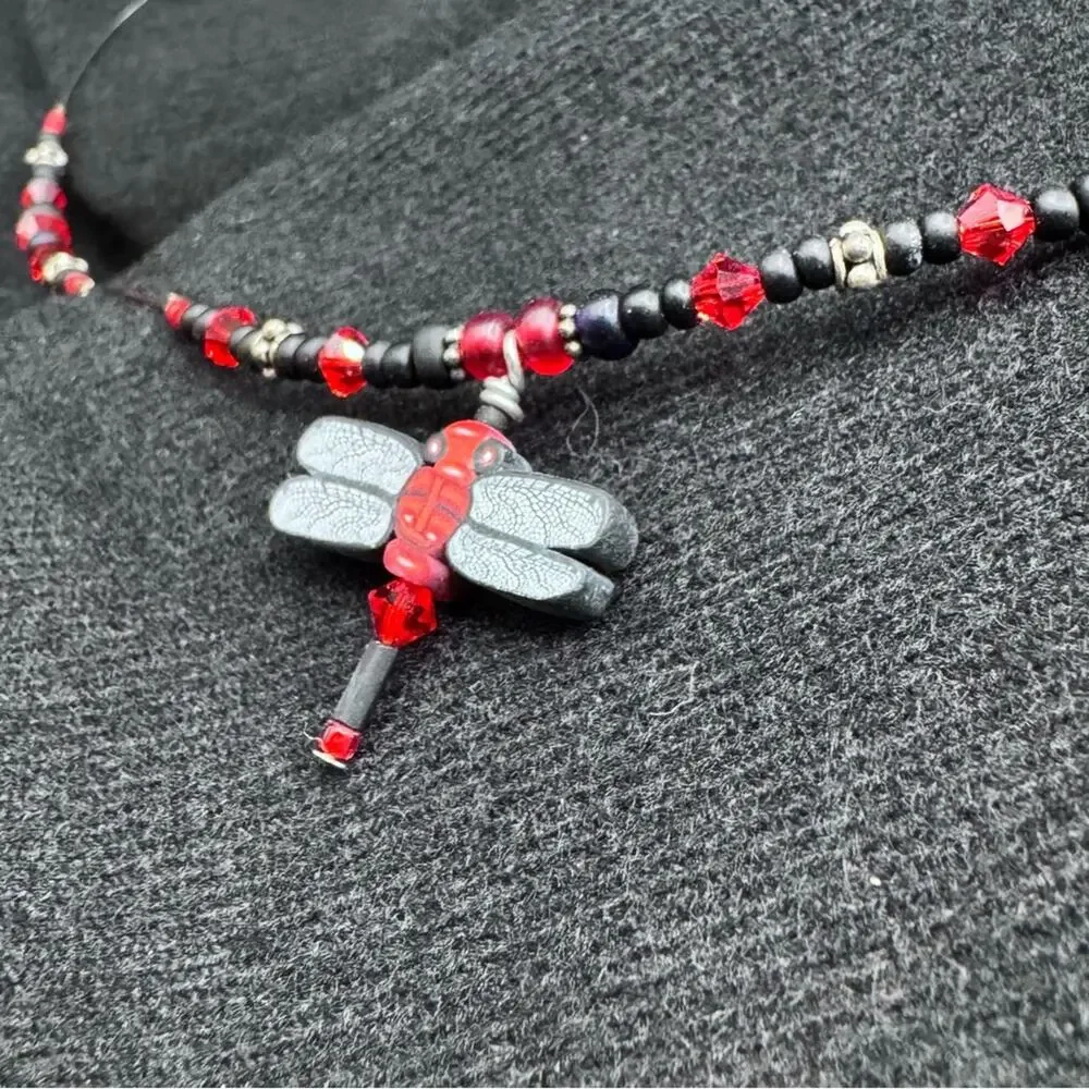 Dragonfly Pendant Beaded Necklace with Red and Black Beads Artsy Jewelery